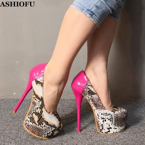 ASHIOFU Real Photos Ladies High Heel Platform Pumps Faux-leather Slip-on Party Office Dress Shoes Dating Evening Fashion Shoes