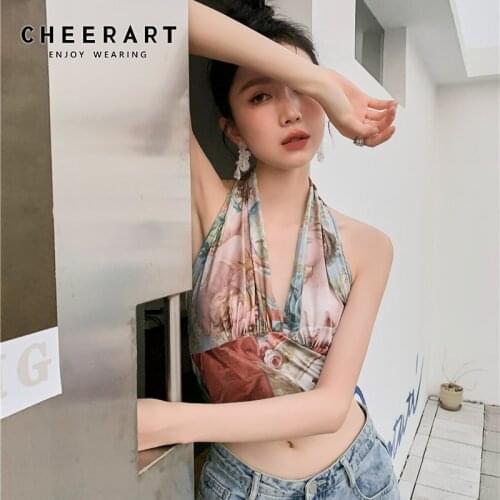 CHEERART Oil Painting Halter Neck Top Summer Backless Corset Crop Top Aesthetic Clothes Fashion Underbust Corset Sexy Top 2021