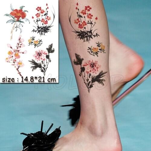 Ink and Wash Painting Water Transfer Tattoo Stickers Women Body Chest Art Temporary Girl Waist Bracelet Flash Tatoos Flower