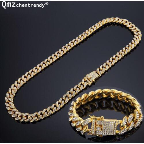 Hip hop Full Bling CZ Cubic Zirconia Jewelry Sets Gold Silver Color Miami Cuban Chain Link Necklaces Bracelets Box Clasp Jewelry