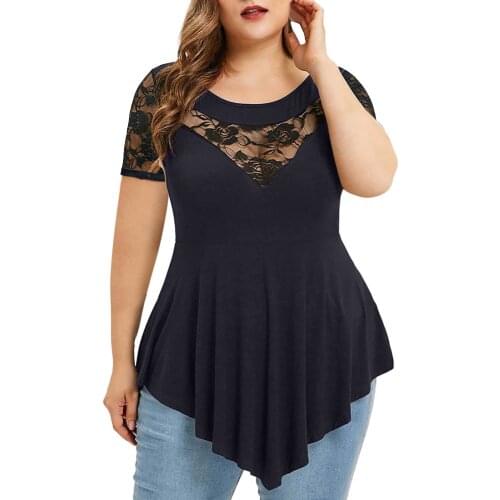 5xl Plus Size Black Lace Tops For Ladies 2021 Summer Women Solid Floral Lace O-neck Asymmetric Three Quarter Tops Blouse Блузка