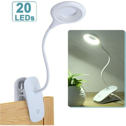20 Led Table Lamp Led Desk Lamp Clip Study Lamps Magnifier Gooseneck Desktop usb Table Light Rechargeable 18650 Battery