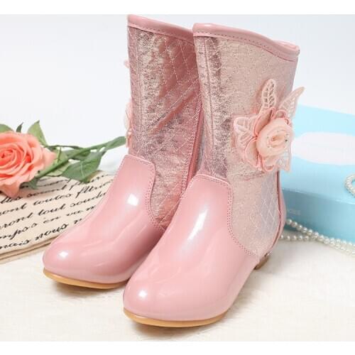 Autumn and winter Childrens Boots for little girls high-heeled flowers shiny princess shoes sweet and cute mid-tube dance boots