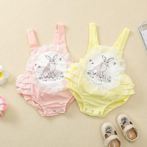 Easter Days Lovely Infant Baby Girls Boys Bodysuits Rabbit Print Lace Sleeveless Backless Jumpsuits