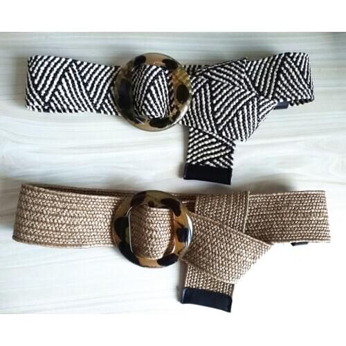 Female Elastic Woven Belts Straw Decoration Luxury Fashion Dress Women Waist Belt girls Knitted Wax Rope leopard buckle