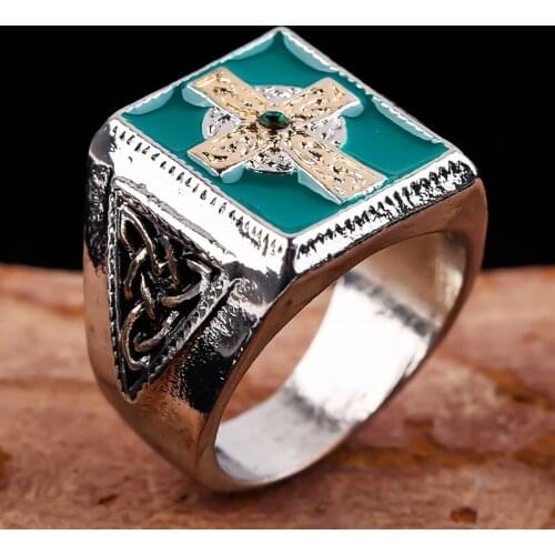 Vintage Gold Cross Rings for Men Geometric Square Green Enamel Chunky Rings Fashion Jewelry CZ Wedding Women Luxury Gift