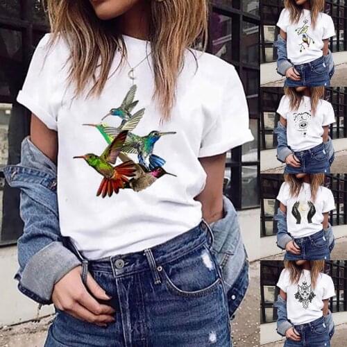 Ladies Cute Bird Pattern Printing T-shirts Female Kawaii Tops Tee Fashion Summer Funny T-Shirt For Girl Hip Hop Clothes