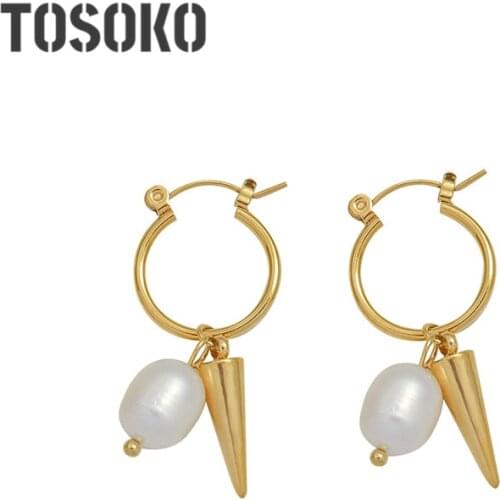 TOSOKO Stainless Steel Jewelry Irregular Freshwater Pearl Conch Double Pendant Earrings Womens Fashion Earrings BSF515