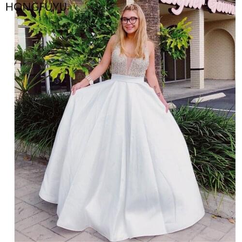 HONGFUYU New V-Neck A Line Long Prom Dresses Formal Party A-line Satin Vestido De Festa Beads Bodice Open Back Evening Gowns