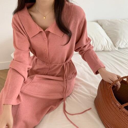 Casual Solid Women Sweater Dress Autumn Winter Long Sleeve Button Dress High Street Style Female Knitted Dress 2021 New