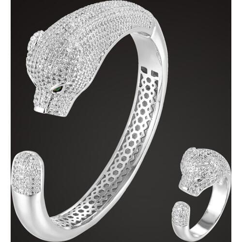 Zlxgirl brand Cubic zircon leopard Animal bangle with ring jewelry sets perfect gold silver color bridal love couple bangle set