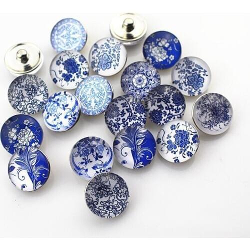 100pcs/lot snap buttons mix random blue and white porcelain18mm snap buttons charms bangle bracelet for diy jewelry