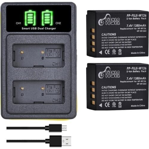 2Pcs 1380mAh NP-W126 NP W126 NP-W126S W126S Battery + LED Dual Charger for Fuji X-Pro1 XPro1 X-T1 XT1 HS30EXR HS33EXR X PRO1