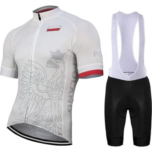 2021 Poland Outdoor White Cycling Jersey Set Men Customized Pro Team Bike Road Mountain Race Tops Cycling Set Breathable 9d Gel