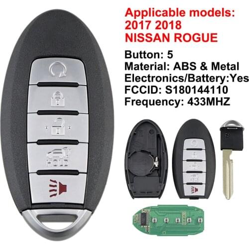 5-Buttons Smart Remote Keyless Car Key 433Mhz Replacement Car Accessaries Parts For Nissan Rogue 2017 2018 4A CHIP S180144110