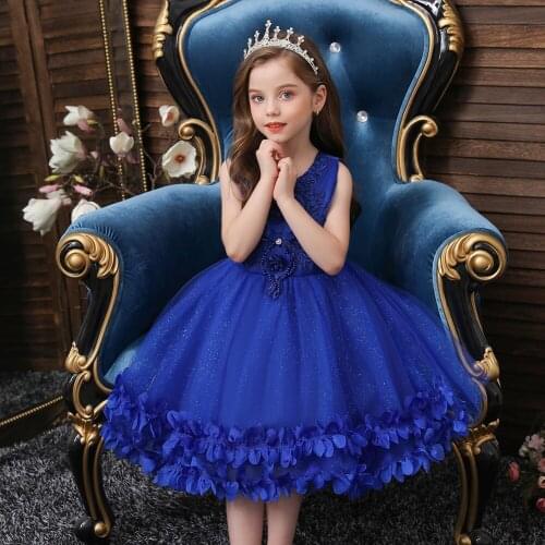 Summer Blue Round Neck Cotton Childrens Birthday Dresses for Girl Wedding Banquet Flower Princess Clothing of 2-10 Years Old