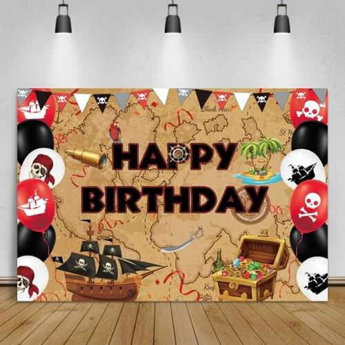Laeacco Pirate Ship Adventure Treasure Happy Birthday Party Photo Backdrops Skull Island Map Navigation Photographic Backgrounds