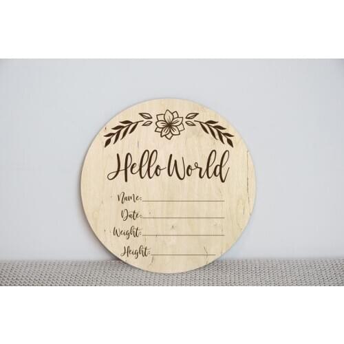 Hello world Newborn Baby details photo prop, wooden Baby milestone disc, Newborn photography, Birth details stats, wooden bir