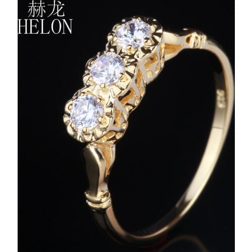 HELON Women Exquisite Jewelry Solid 14K Yellow Gold 3mm Round Three Stone Lab Grown Diamond Moissanites Engagement Wedding Ring