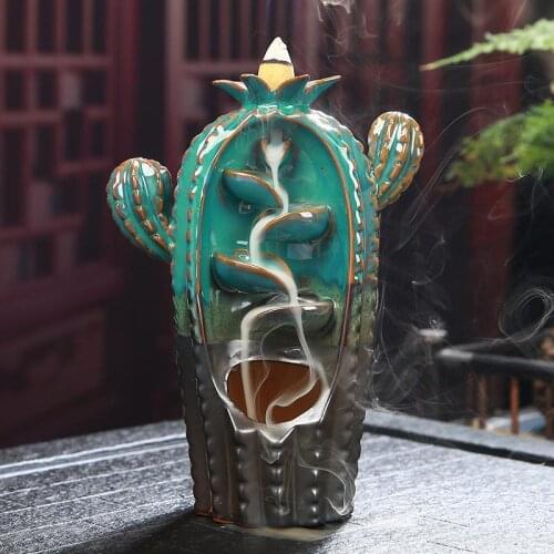 Ceramic Cactus Backflow Incense Burner Smoke Waterfall Creativity Incense Holder Aromatherapy Home Craft Ornaments 20 Pcs Cones