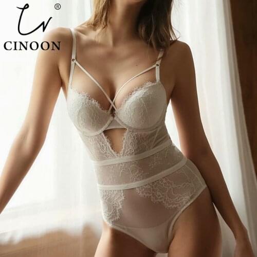 CINOON New Sexy Push Up Underwear Lace Corset Women Elasticity Transparent Underwear Hollow Out Gather Bustier Bodysuit Lingerie