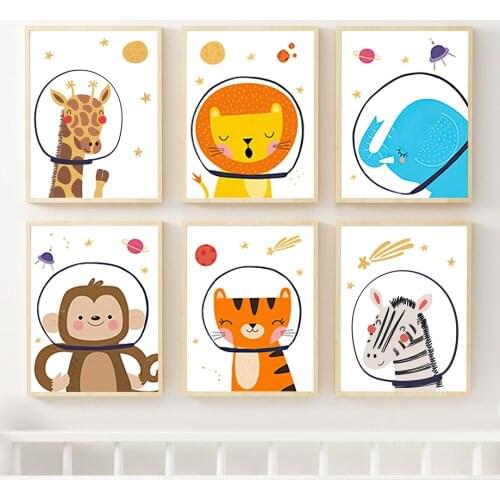 Cartoon Astronaut Giraffe Elephant Lion Monkey Wall Art Canvas Painting Nordic Posters And Prints Wall Pictures Kids Room Decor