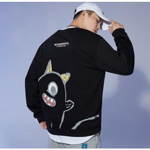 2021 Autumn New Korean Mens Round Neck Long-Sleeved 100% Cotton Sweatshirt Japanese Little Devil Printed Trendy Sweatshirt