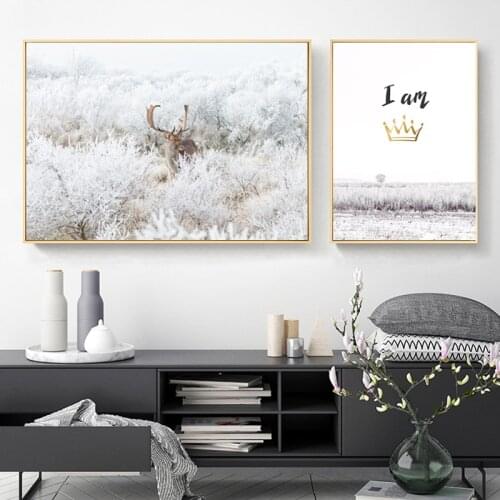 Winter Snow Forest Deer Crown Landscape Wall Art Canvas Painting Nordic Posters Prints Wall Pictures for Living Room Decor