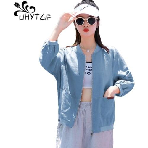 UHYTGF New 2021Summer Coat Women Solid Wild Thin Sun Protection Clothing Casual Female Short Jacket Loose 3XL Plus Size Top 2144