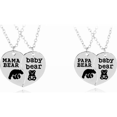 New mama baby bear papa baby bear Alloy Enamel Loving Heart Pendant Necklace Fahion Silver Color Plated Jewelry For Mother