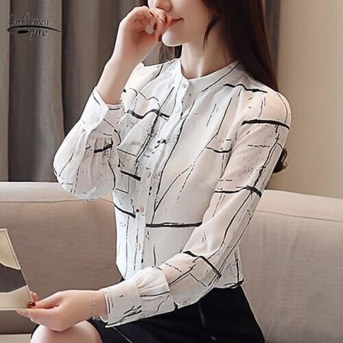 2020 New Arrival Women Tops and Blouses Spring Long Sleeve Office Lady Blouse Korean Stand Collar Print Clothes Blusas 8807 50