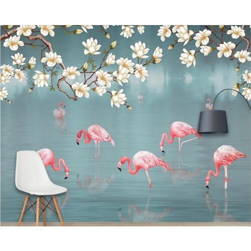 Papel de parede Beautiful tropical rain forest flamingo wallpaper,living room bedroom TV background restaurant bar 3d mural