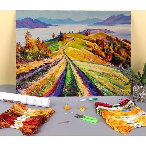 Landscape Autumn Morning Printed Fabric 11CT Cross-Stitch Embroidery Complete Kit DMC Threads Painting Handiwork Jewelry