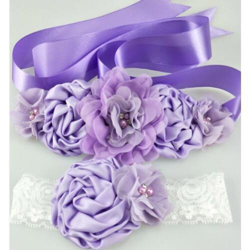 1 Set Chiffon Pink White Purple Flower Sash Matching Baby Headband Satin Sash Belt Flower Girl Hair Wedding Maternity Belts