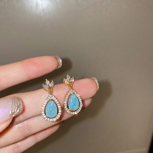 Water drop micro-inlaid zircon blue crystal earrings, retro earrings, fresh and versatile earrings
