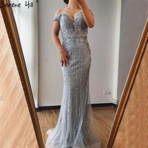Grey Mermaid Off Shoulder Sexy Long Evening Dresses Sleeveless Beading Sparkle Luxury Formal Dress 2020 Serene Hill BLA70671
