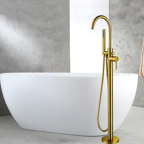 Bathtub Faucet Golden Finish Floor Mounted Single Handle Bathtub Faucet Floor Stand Faucet Mixer Tap Hand Shower Faucets