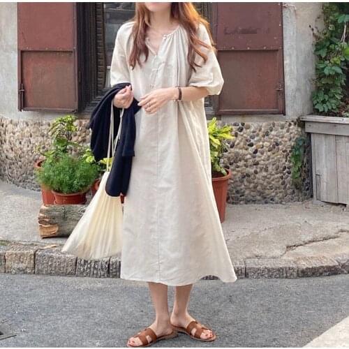 Puff sleeve loose lace-up big backless dress solid color French niche mid-length dress