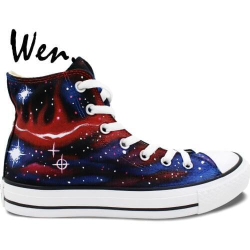 Wen Original Hand Painted Shoes Design Custom Galaxy Starlight Red Feathery Shape Women Mens High Top Canvas Sneakers