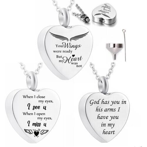 Angel Wing Cremation Jewelry for Ashes Keepsake Urn Pendant -When I Close My Eyes, I See You. When I Open My Eyes, I Miss You