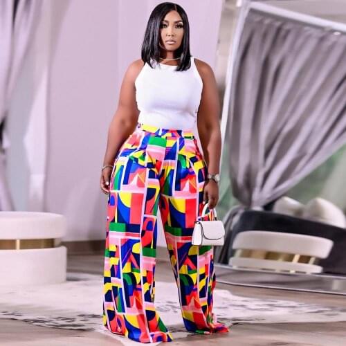 2021 Fall Womens Leisure Printed Wide Leg Long Pants Floor Length Casual Palazzo Pants Loose Streetwear Easy Matching Trousers