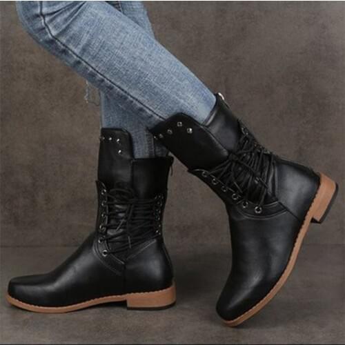 Woman Mid Calf Boots Lace Up Boots Female Women Shoes Rivet Low Heels Zip Footwear Leather Womens Short Boots Plus Size 43