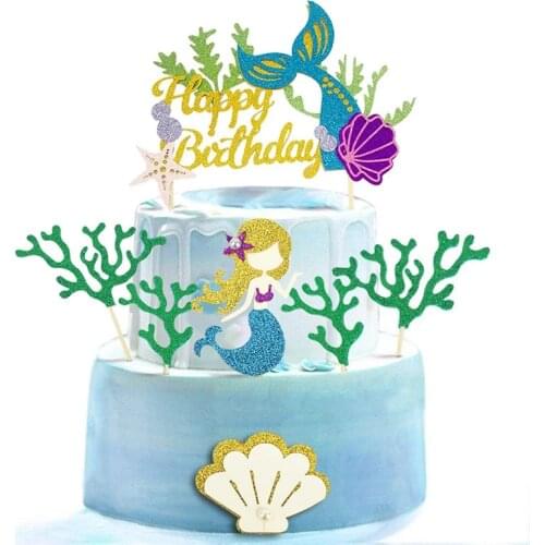 1Set Mermaid Party Happy Birthday Cake Topper Cupcake Toppers Girl Baby Shower Little Mermaid Theme Birthday Party Decorations