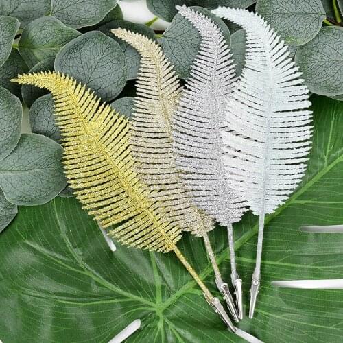 1pc Christmas Tree Decoration Glitter Feather with Clip Gold Silver Artificial Leaf For Xmas Party Home Decor New Year Supplies