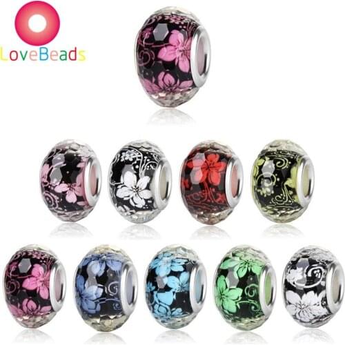 10Pcs Round Faceted Flower Resin Murano Big Hole Beads Large Hole Spacer Beads Charms Fit Pandora Bracelet Bangle Women Jewelry