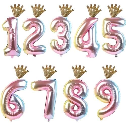2pcs 32inch Number Foil Balloons 1 2 3 4 5 6 Years Old Kid Boys Girls Crown Happy Birthday Balloon Baby Shower Decor Supplies