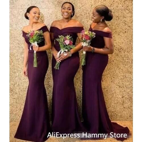 2020 Regency African Off The Shoulder Satin Long Bridesmaid Dresses Ruched Sweep Train Wedding Guest Maid Of Honor Dresses BC128