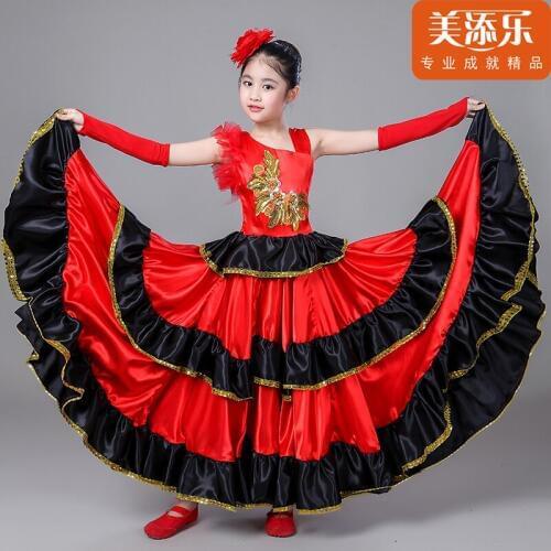 Children Spanish Bullfight Dress Flamenco Costume Princess Girls Opening Dance Full-skirt Plus Size Swing Dancing Dress H549