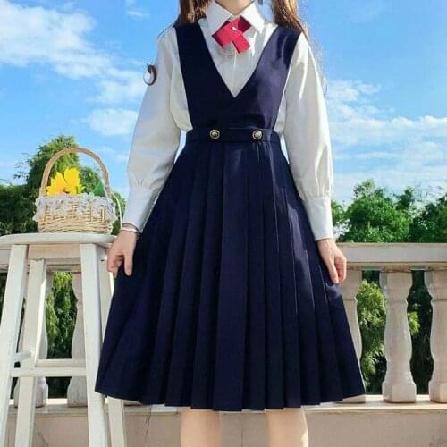Japanese Girl Long Pleated Dress Summer Women Sleeveless Pinafore Dress JK High School Uniform Class Uniform Students
