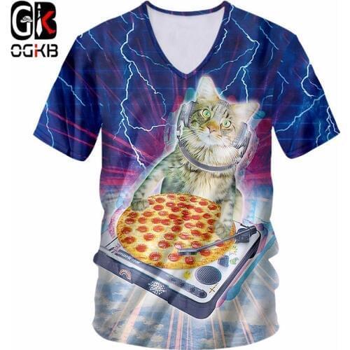 OGKB Funny Print Pizza Cat 3d T-shirt With V Neck Women/mens Space Galaxy T Shirts Unisex Hiphop Short Sleeve Casual Tee Shirt